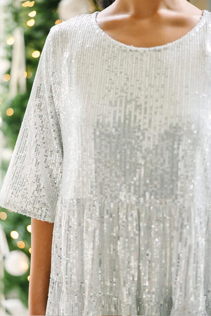 Silvery Party Sequin Half Sleeve Round Neck Mini Dress
