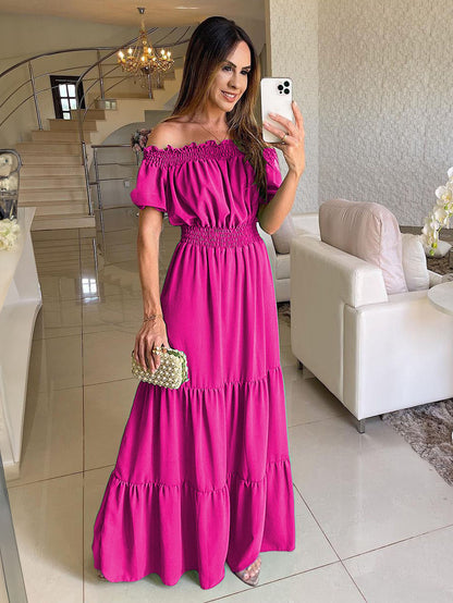 Off Shoulder Smocked Maxi Dress For Women - Boho Tiered A-Line Beach Gown with Puffy Sleeves - Summer Vacation 2026