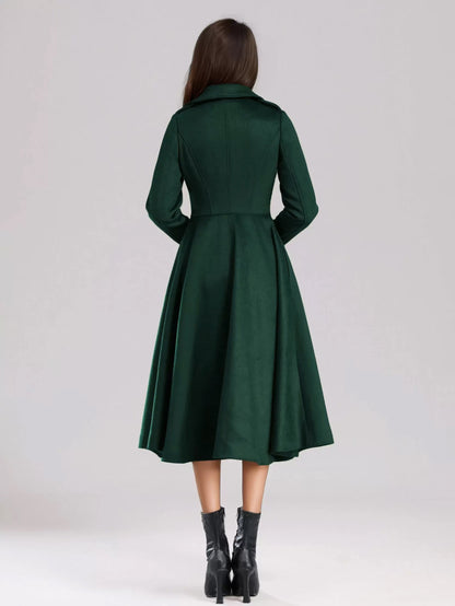 Green Woolen Flared Coat Double-breasted Wide Lapel Winter A-line Midi Outerwear 2026