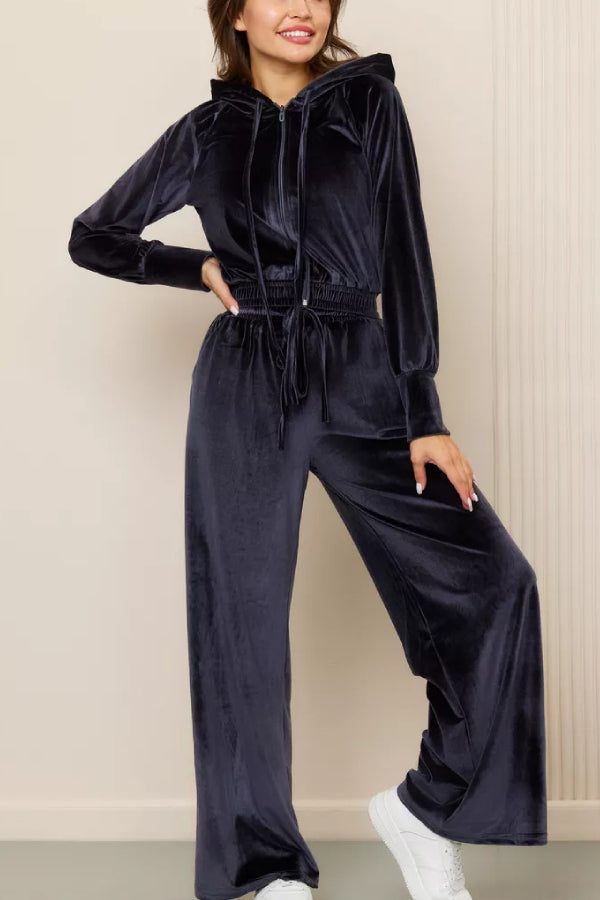 Fashion Zipper Open Velvet Casual Two -piece Suit