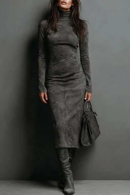 Stylish High-neck Long-sleeved Slim-fit Midi Dress