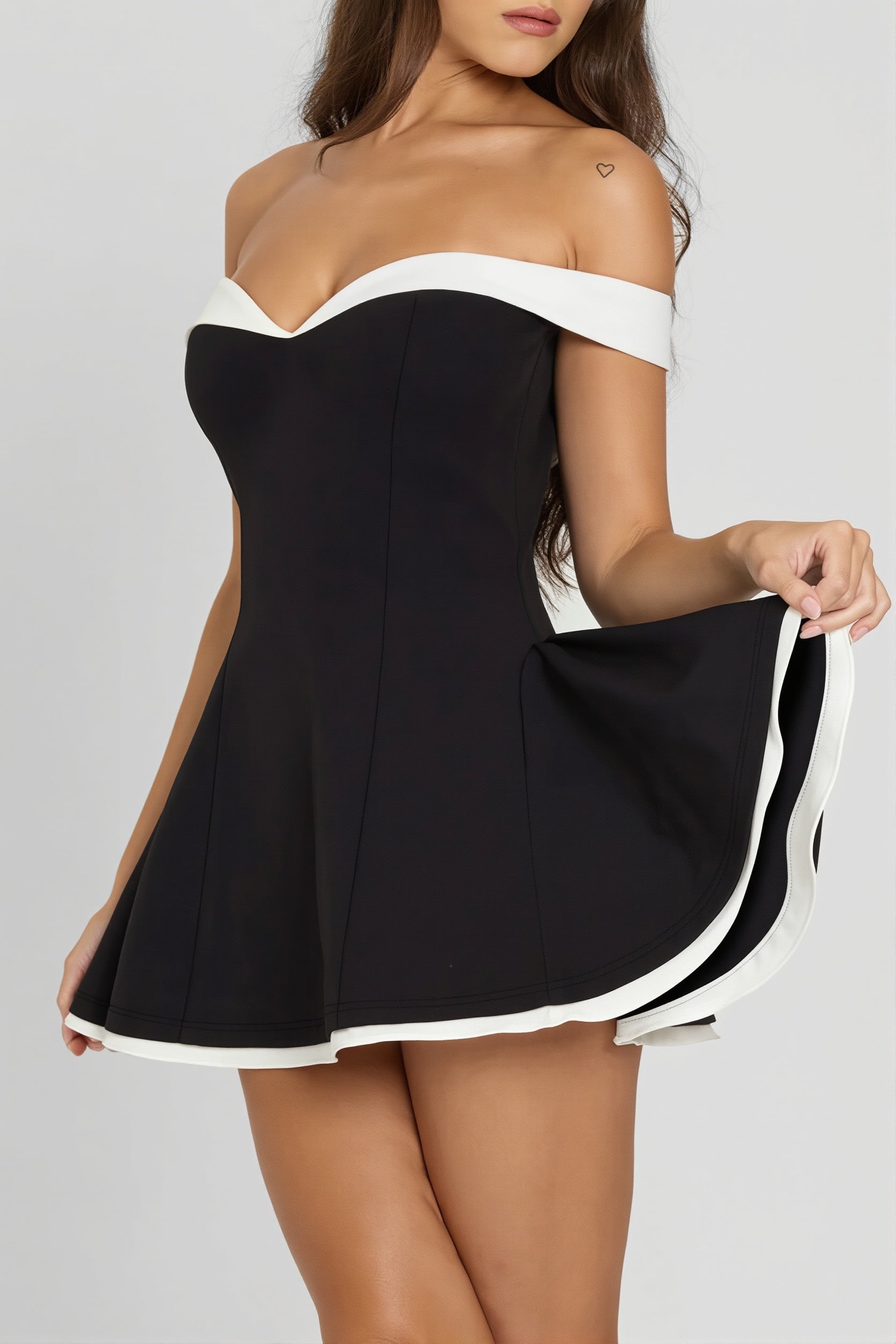 Off-Shoulder Sweetheart Princess Seam Fit and Flare Mini Dress