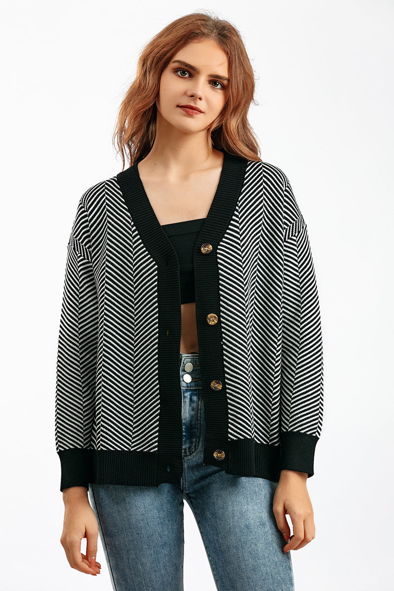 Striped V-Neck Buttoned Knit Sweater