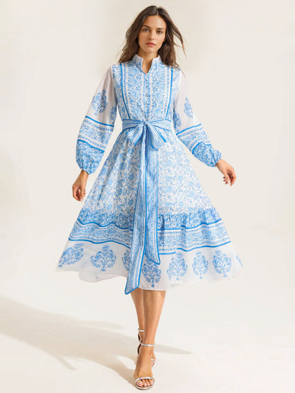 Floral Print Midi Dress for Women - Lantern Sleeve Stand Collar A-Line Belted Folklore Gown - Spring Garden Party 2026