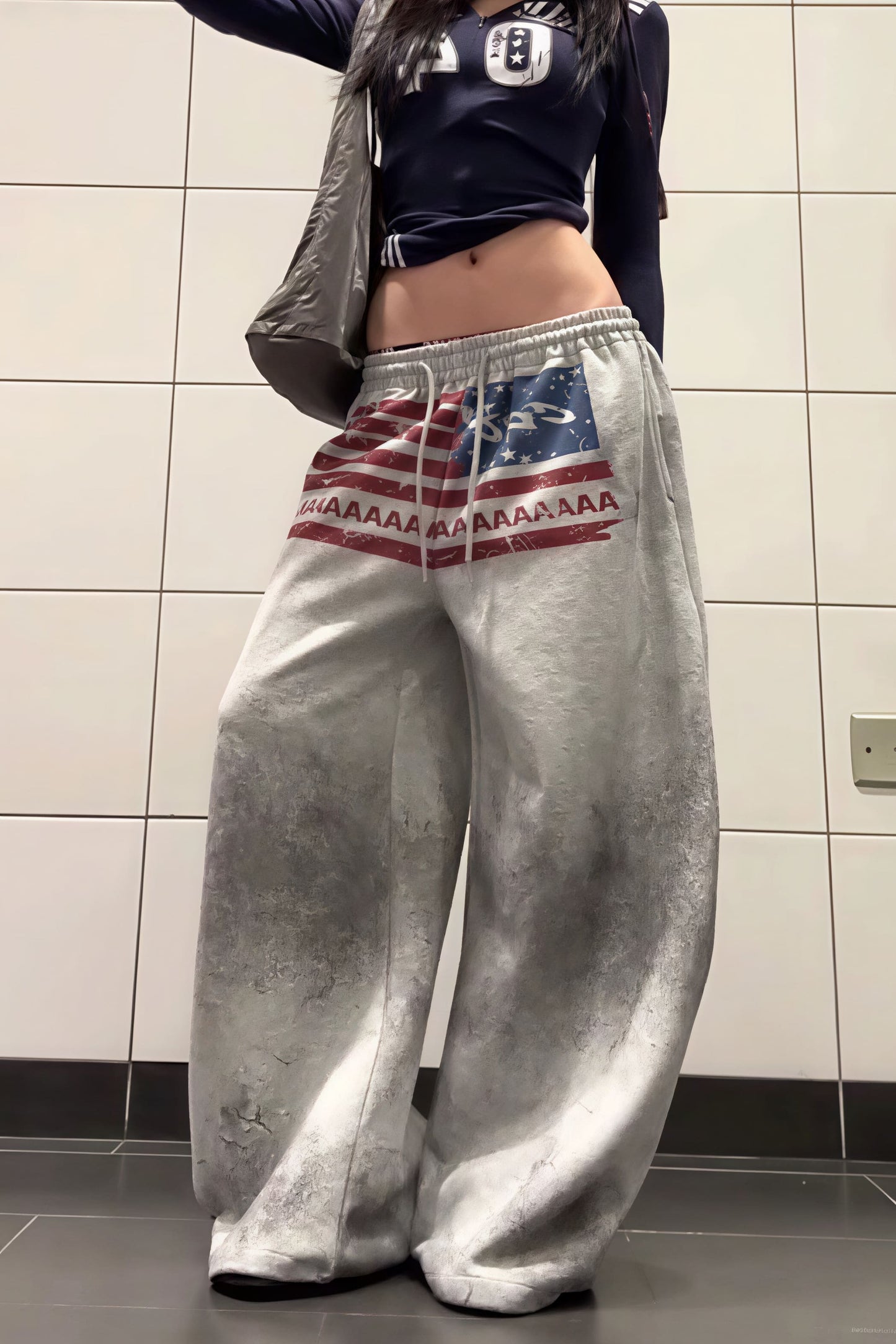 Retro Gray Graphic Drawcord Baggy Sweat Pants