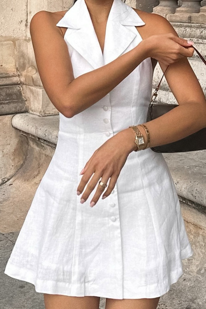 Halter Notched Lapel Button-Front Princess Seam A-Line Mini Dress