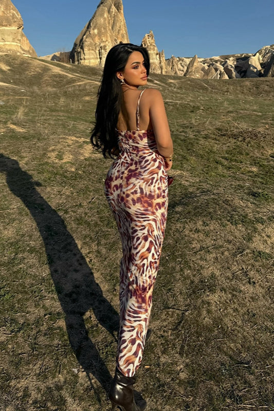 Deep V Animal Print Backless Cami Maxi Dress