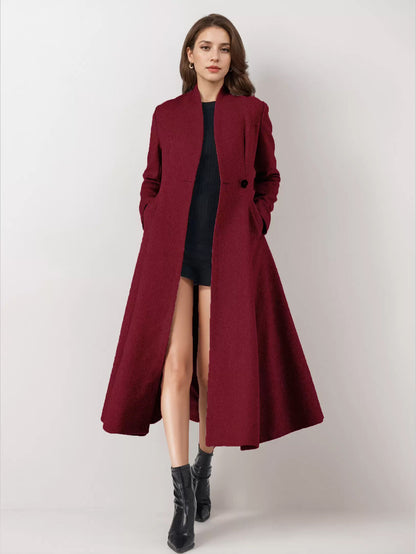 Wool Blend Flared Coat For Woman One Button Gray A-line Winter Midi Outerwear 2026