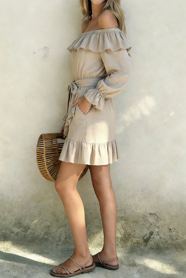 Linen Blend Off-shoulder Tie-up Casual Pocket Ruffle Mini Dress