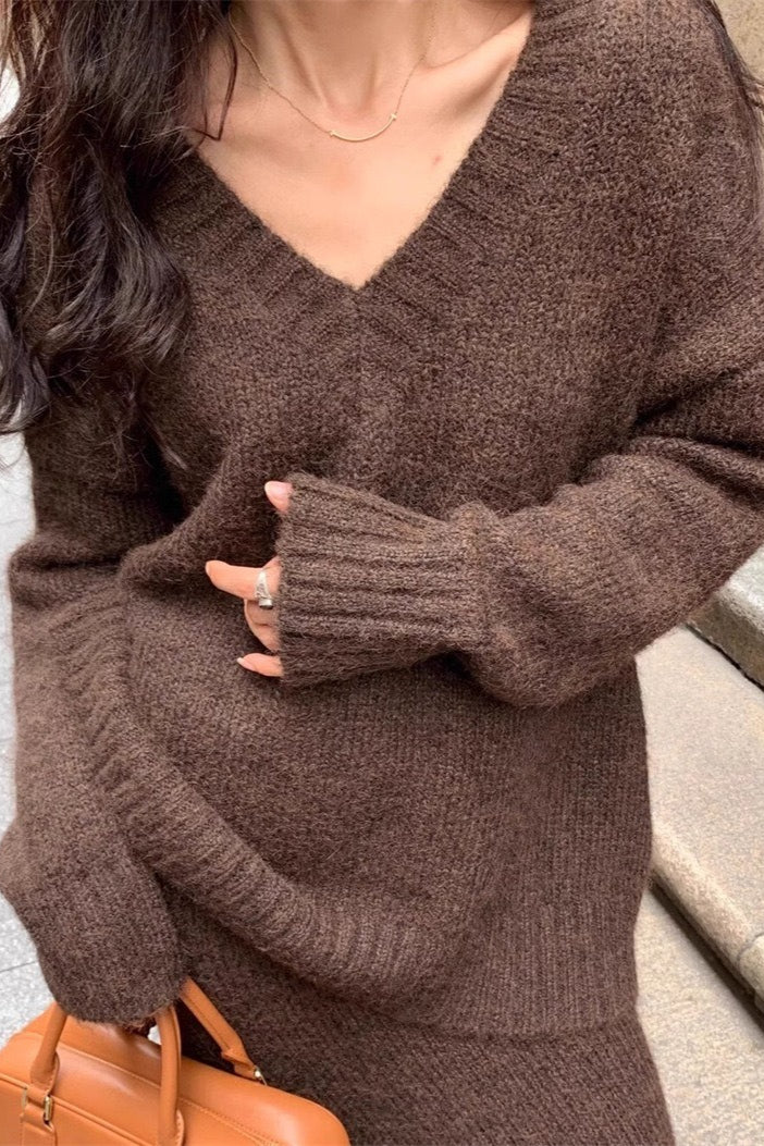 Lazy V-neck Knit Sweater Mermaid Skirt Two Piece Set