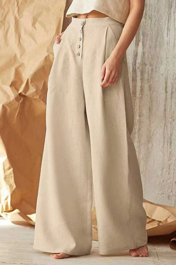 Cotton linen solid color high waist fashion casual trousers
