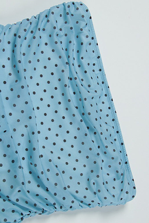 Polka Dot Ruched Strapless Tiered Ruffle Bow Trim Mini Dress
