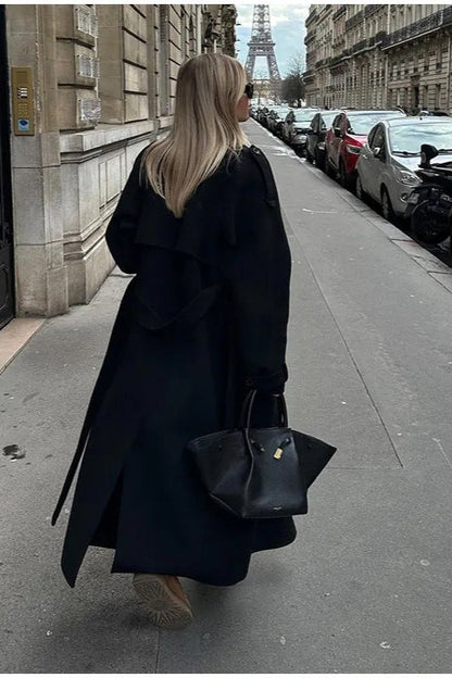 Elegant Turn-Down Collar Double-Breasted Long Overcoat