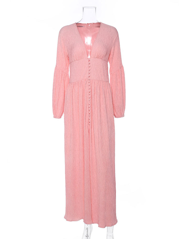 Boho V Neck Maxi Dress - Puff Sleeve Button Front High Slit Long Dress - Spring Beach Vacation 2026