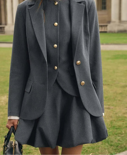 Grey Button Shirt Tank Mini Office Two Piece Set