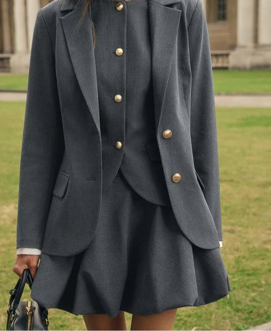 Grey Button Shirt Tank Mini Office Two Piece Set