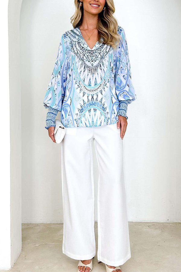 V-neck fashionable lantern sleeve casual shirt