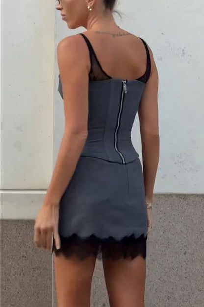 City Enchantment Lace Trim High Rise Side Zipper Mini Skirt
