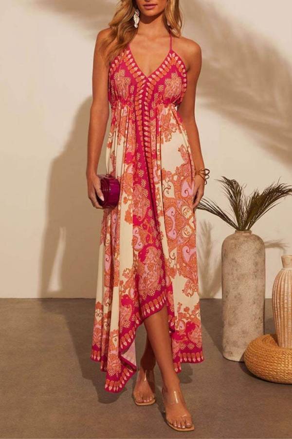 Elegant Off-Shoulder V-Neck Suspender Print Swing Dress