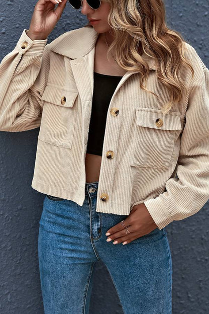 Flap Pockets Turn Down Collar Corduroy Shacket