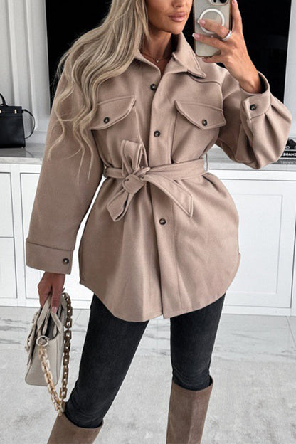 Lhoib Lace Up Solid Pocket Buttoned Long Sleeve Jacket