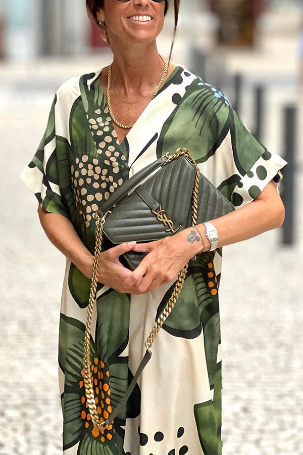Green flower v-neck short-sleeved loose dress