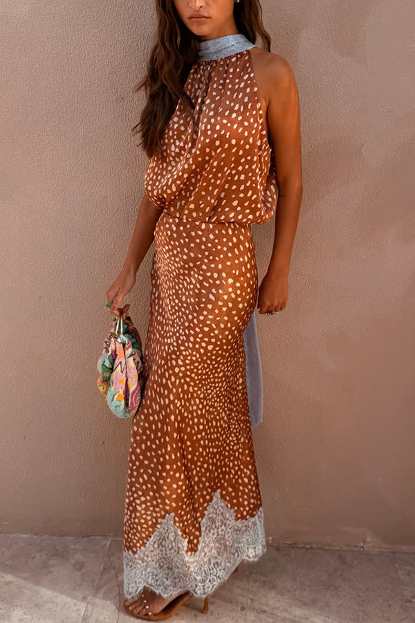 Stunning Fawn Print Contrast Color Satin Lace Trim Neck Strap Loose Tank