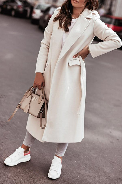 Simple Long-sleeved V-neck Tie Woolen Coat