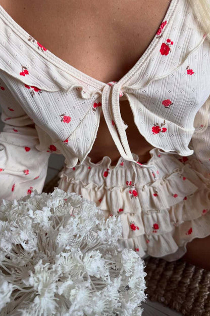 Floral Knitted Short Long Sleeve Shorts Loungewear Two Piece Set