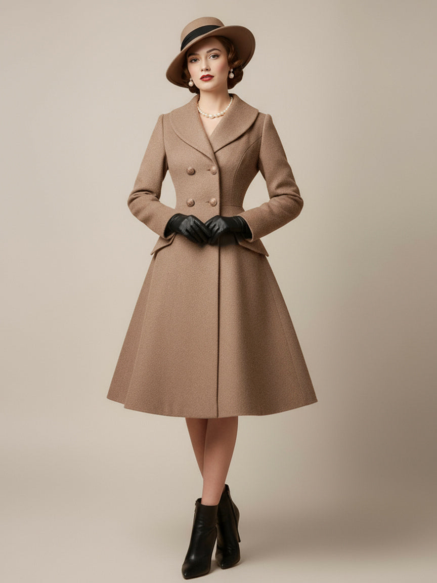 Vintage A-line Double-breasted Woolen Flared Midi Coat For Women 2026