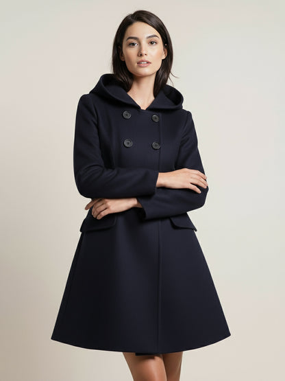 Hooded A-Line Midi Coat With Double-Breasted Design And Belt For Women 2026