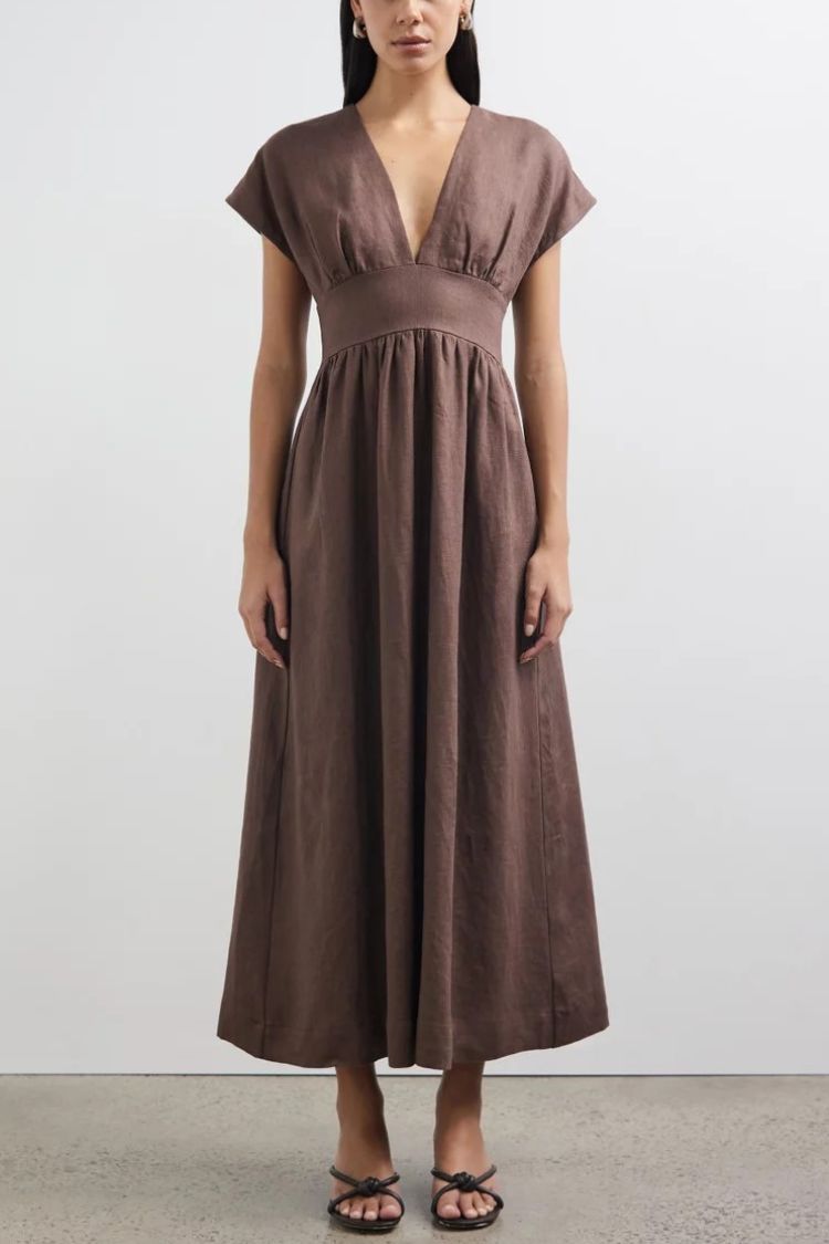 Della Linen Blend Short Sleeve Fitted Waist Maxi Dress