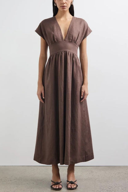 Della Linen Blend Short Sleeve Fitted Waist Maxi Dress