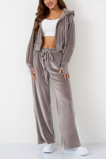 Fashion Zipper Open Velvet Casual Two -piece Suit