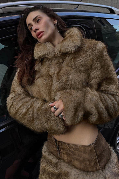 Furry Retro Crop Top Skirt Fox Fur Two Piece Set