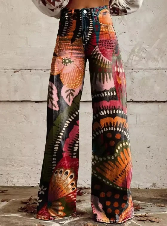 Women's Wide-Leg Printed Jeans – Flared Statement Denim Trousers