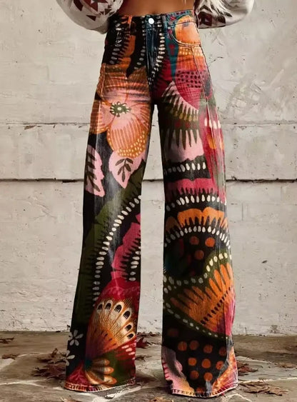 Women's Wide-Leg Printed Jeans – Flared Statement Denim Trousers