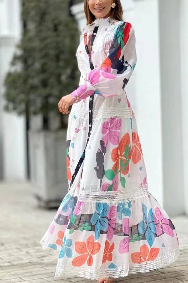 Floral Print Lace Paneled Single Breasted Long Sleeved Maxi Dress