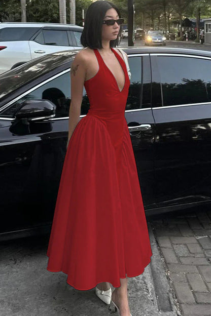 Silky Hollow V-Neck Flowy Pendulum Maxi Dress