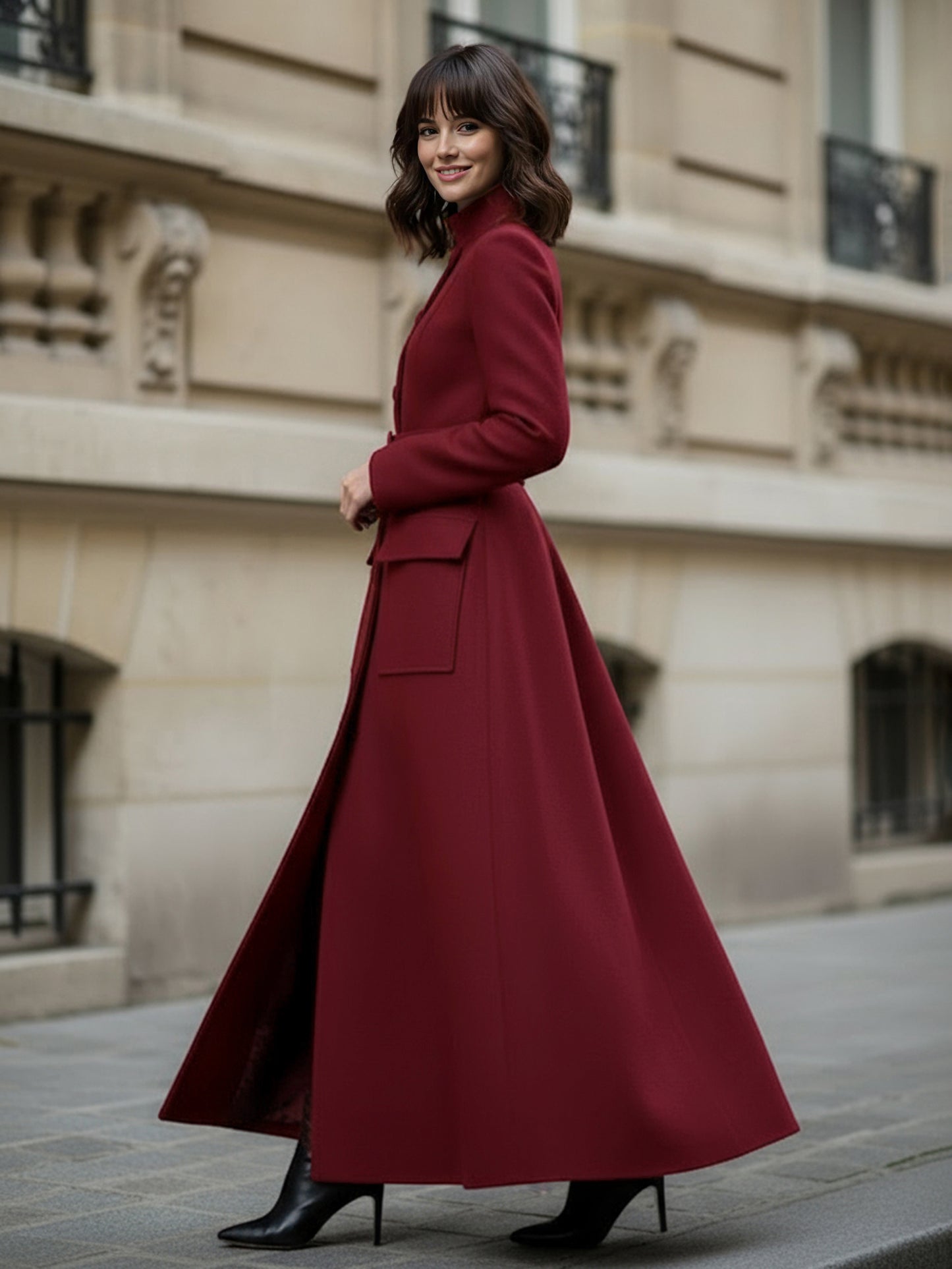 Woolen Full-Length Maxi Coat With Stand Collar And Flap Pockets For Women 2026
