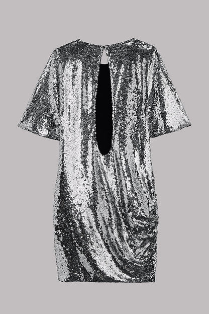 Countdown Celebration Sequin Short Bell Sleeve Open Back Ruched Mini Dress