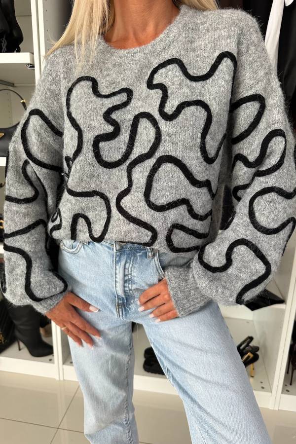 Beautiful Mood Knit Contrast Color Sewing Line Pattern Loose Sweater