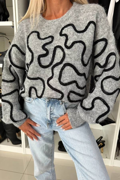 Beautiful Mood Knit Contrast Color Sewing Line Pattern Loose Sweater