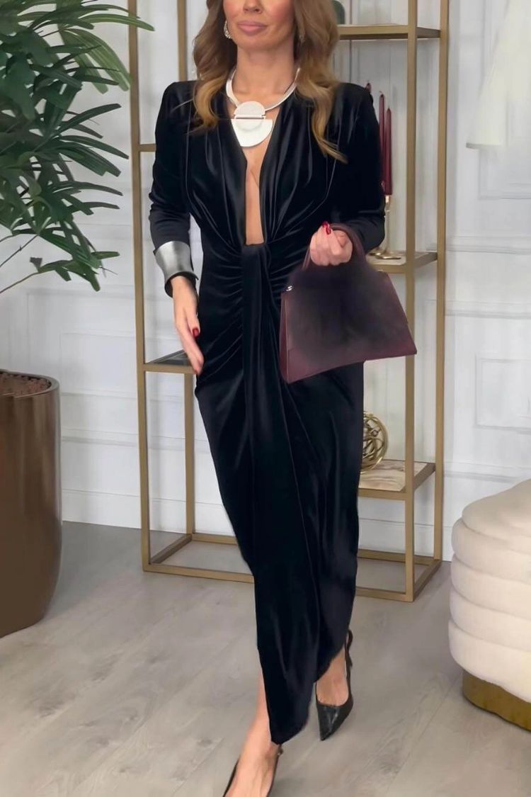 Classic Elegant Pleated Deep V Slit Party Maxi Dress