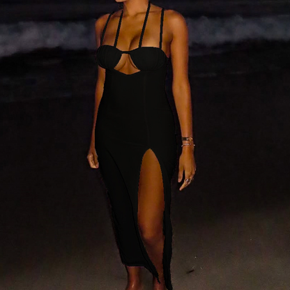 Hollow out slit mesh cami cut out maxi dress