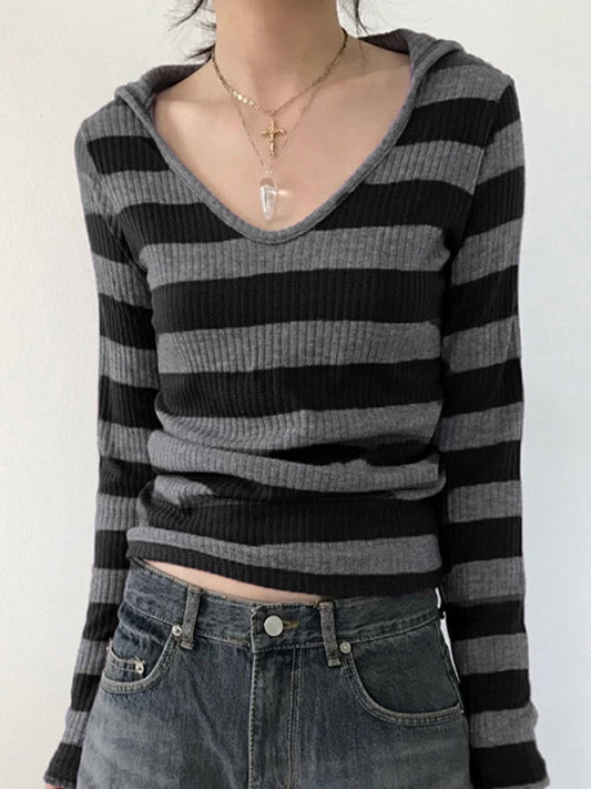 Black Vintage Slim Fit Versatile V-Neck Long Sleeve