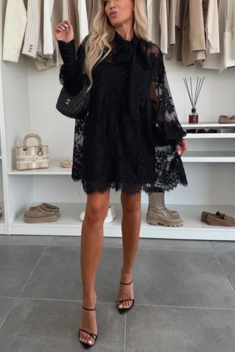 Night Rose Lace Bow Neck Long Balloon Sleeve A-line Mini Dress