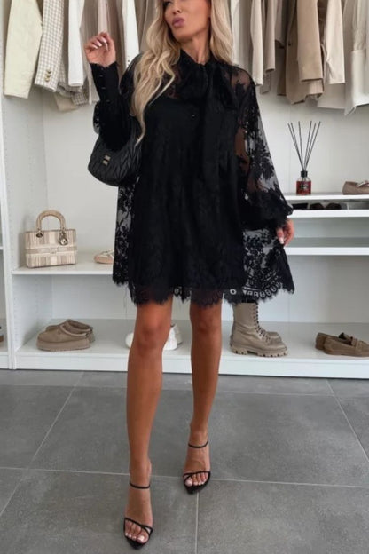 Night Rose Lace Bow Neck Long Balloon Sleeve A-line Mini Dress