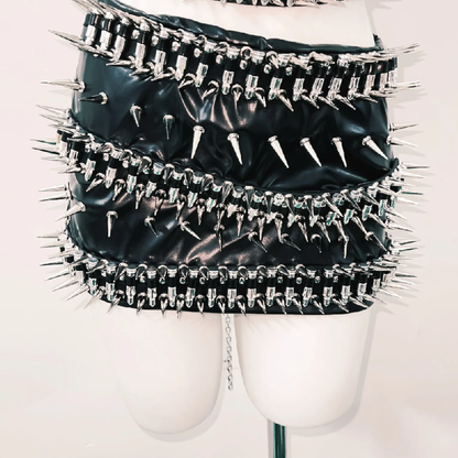 O ring rivet PU leather metal chain belt mini skirt set