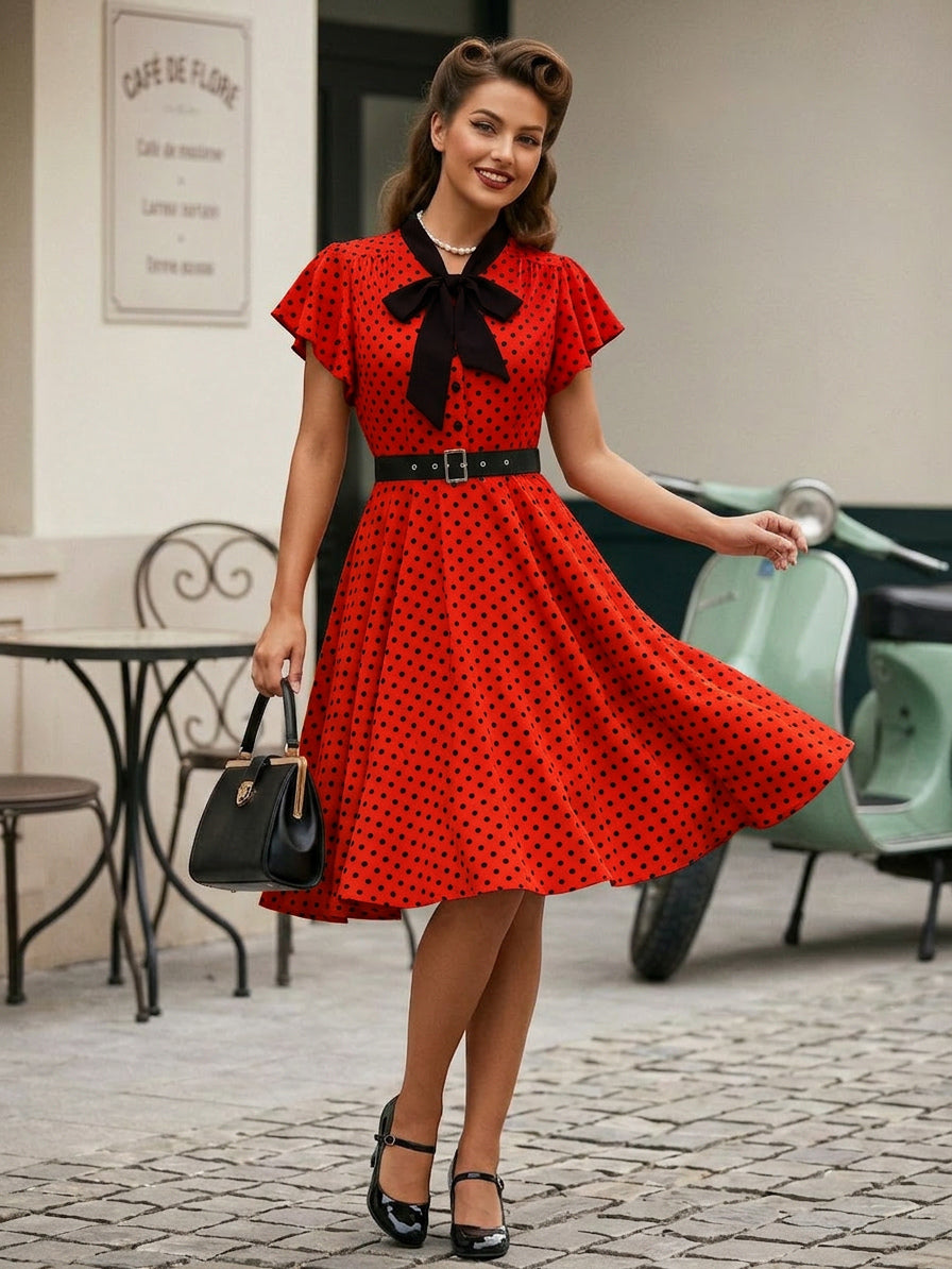 Polka Dot Shirt Dress With Tie And Belt Flutter Sleeve Vintage Midi Dress For Women 2026